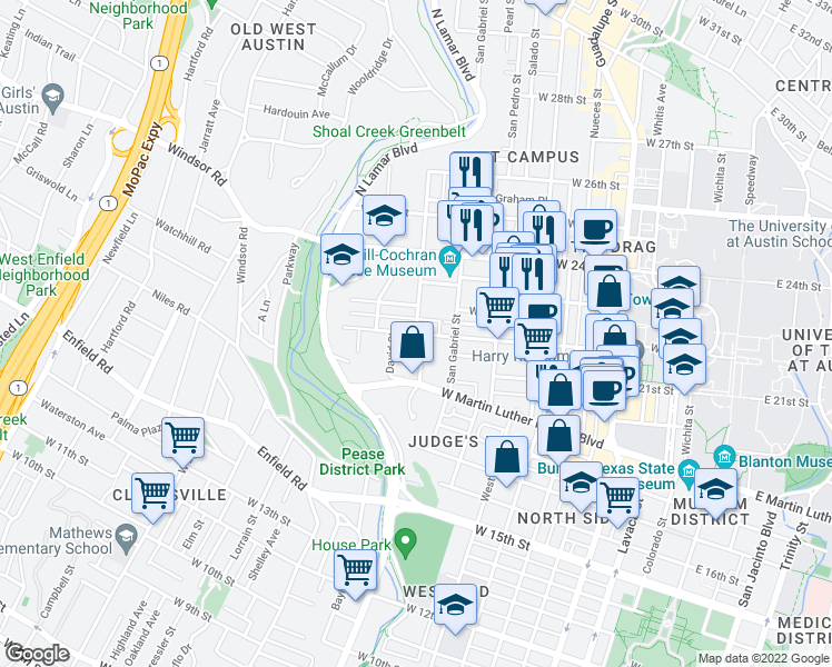 map of restaurants, bars, coffee shops, grocery stores, and more near W 22nd St & Leon St in Austin
