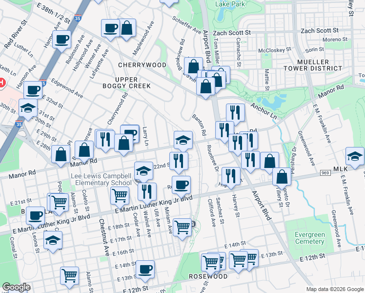 map of restaurants, bars, coffee shops, grocery stores, and more near 2901 Manor Road in Austin