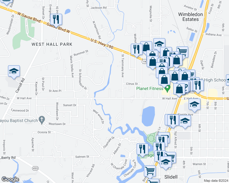 map of restaurants, bars, coffee shops, grocery stores, and more near 1257 Arthur Street in Slidell