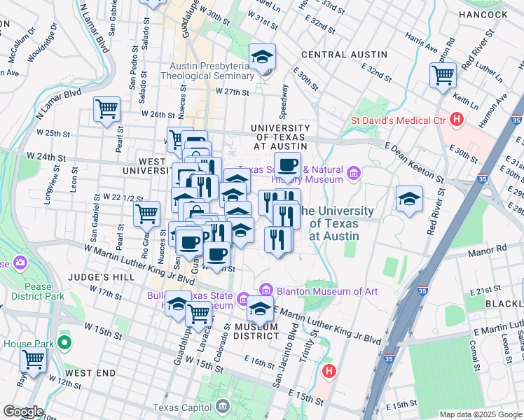 map of restaurants, bars, coffee shops, grocery stores, and more near East Mall in Austin