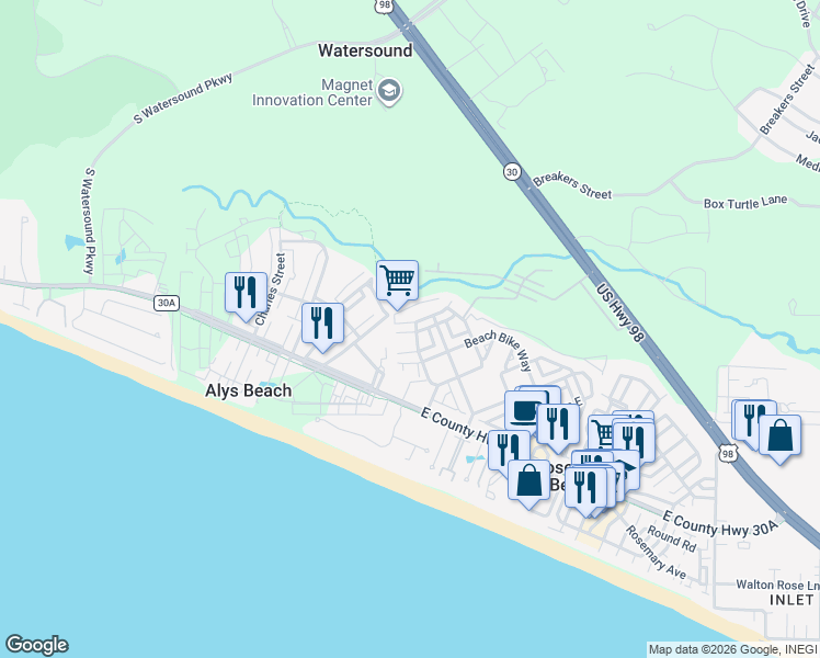 map of restaurants, bars, coffee shops, grocery stores, and more near 54 Surfer Lane in Rosemary Beach