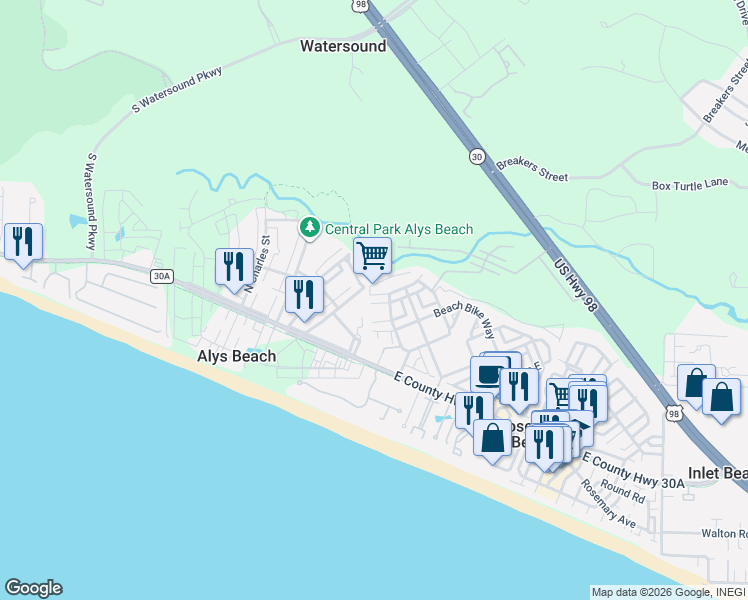 map of restaurants, bars, coffee shops, grocery stores, and more near 151 Woody Wagon Way in Rosemary Beach