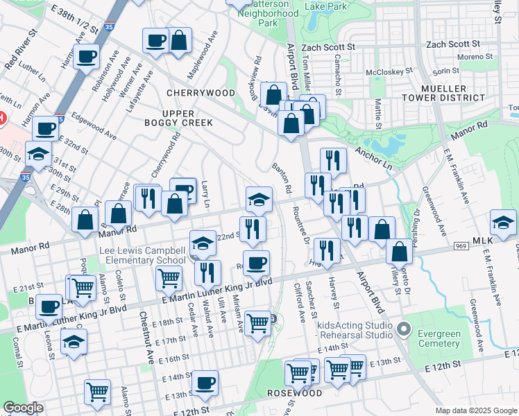 map of restaurants, bars, coffee shops, grocery stores, and more near 2201 Alexander Avenue in Austin