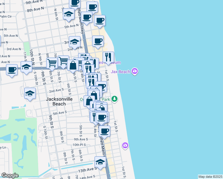 map of restaurants, bars, coffee shops, grocery stores, and more near 349 1st Street South in Jacksonville Beach