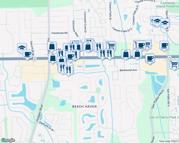 map of restaurants, bars, coffee shops, grocery stores, and more near 13849 Breaksea Court in Jacksonville