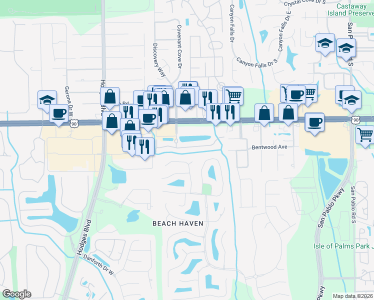 map of restaurants, bars, coffee shops, grocery stores, and more near 13849 Breaksea Court in Jacksonville