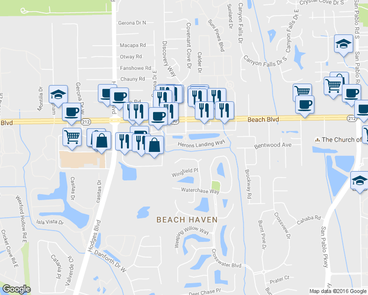 map of restaurants, bars, coffee shops, grocery stores, and more near 13763 Shady Woods Street South in Jacksonville