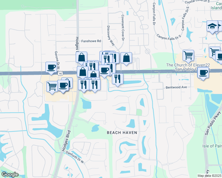map of restaurants, bars, coffee shops, grocery stores, and more near 13740 Beach Boulevard in Jacksonville