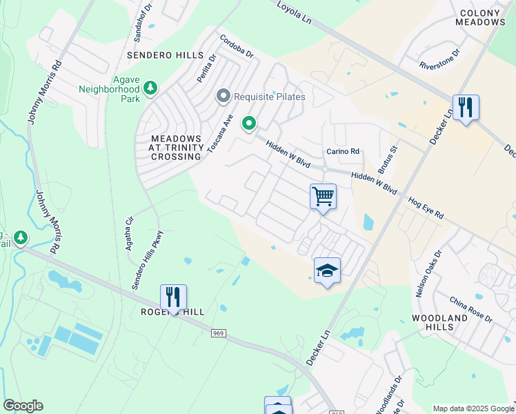 map of restaurants, bars, coffee shops, grocery stores, and more near 8001 Topanga Lane in Austin