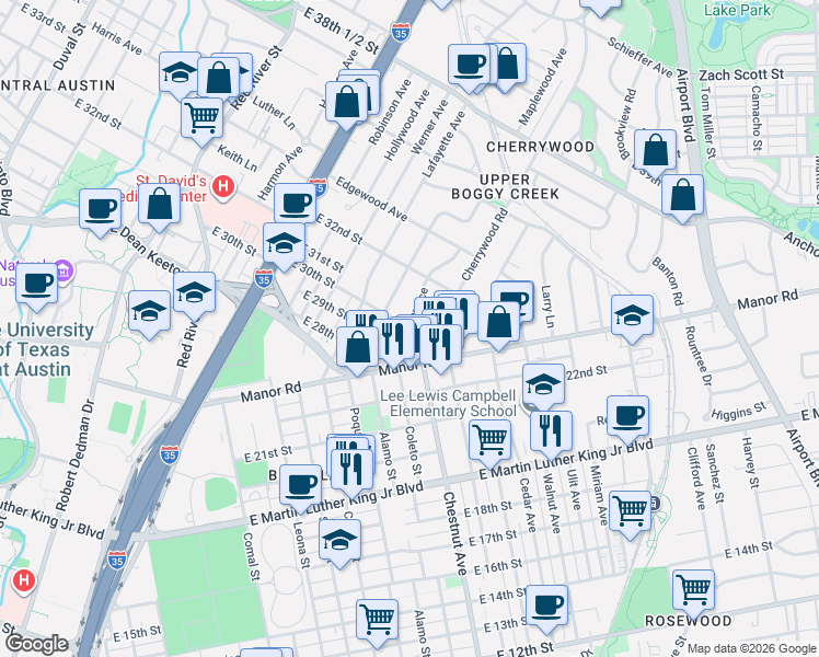 map of restaurants, bars, coffee shops, grocery stores, and more near 2903 Breeze Terrace in Austin