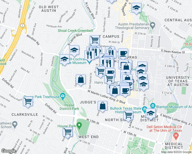 map of restaurants, bars, coffee shops, grocery stores, and more near 908 West 21st Street in Austin