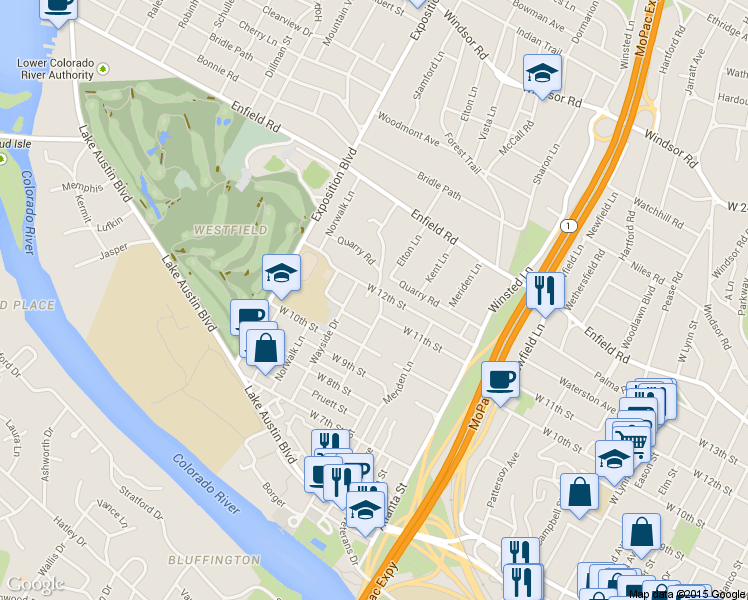 map of restaurants, bars, coffee shops, grocery stores, and more near 2406 Marlton Drive in Austin