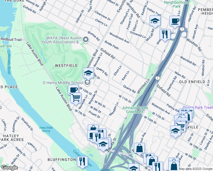 map of restaurants, bars, coffee shops, grocery stores, and more near 2406 Marlton Drive in Austin
