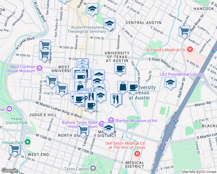 map of restaurants, bars, coffee shops, grocery stores, and more near East Mall in Austin
