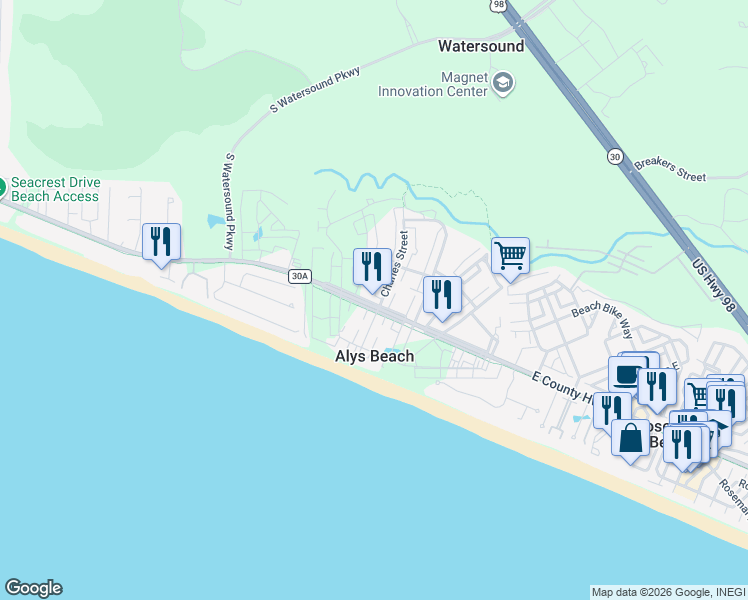 map of restaurants, bars, coffee shops, grocery stores, and more near 147 West La Garza Lane in Alys Beach