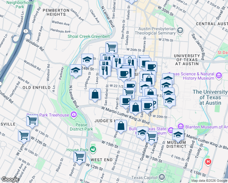map of restaurants, bars, coffee shops, grocery stores, and more near 904 West 22nd Street in Austin