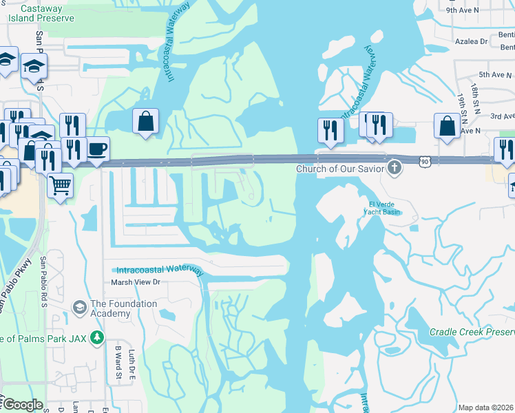 map of restaurants, bars, coffee shops, grocery stores, and more near 3395 Lighthouse Point Lane in Jacksonville