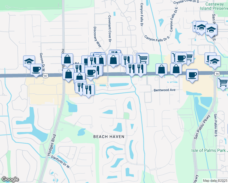 map of restaurants, bars, coffee shops, grocery stores, and more near 13816 Herons Landing Way in Jacksonville