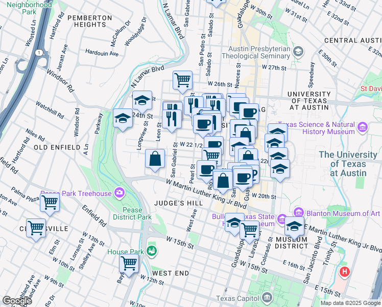 map of restaurants, bars, coffee shops, grocery stores, and more near 2200 Pearl Street in Austin