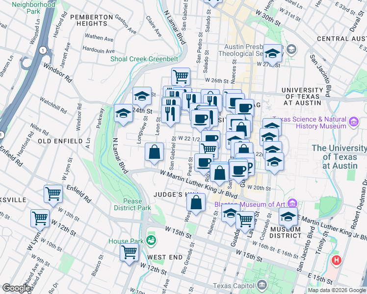map of restaurants, bars, coffee shops, grocery stores, and more near 908 West 21st Street in Austin