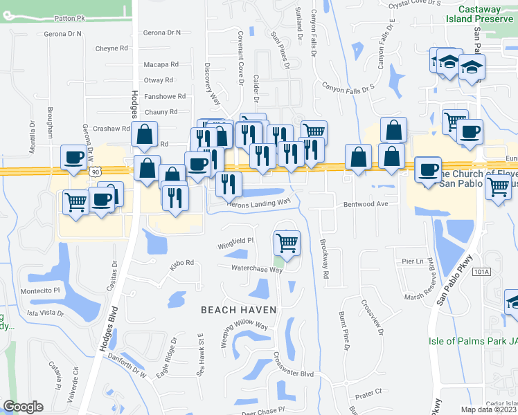 map of restaurants, bars, coffee shops, grocery stores, and more near 13849 Breaksea Court in Jacksonville