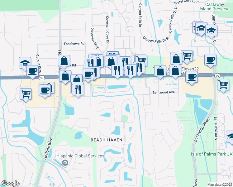map of restaurants, bars, coffee shops, grocery stores, and more near 13824 Herons Landing Way in Jacksonville