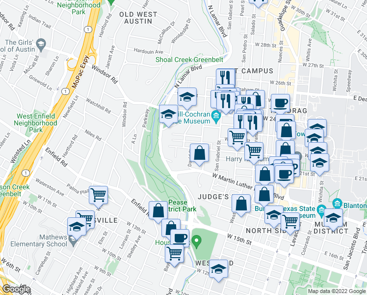 map of restaurants, bars, coffee shops, grocery stores, and more near W 22nd St & Longview St in Austin