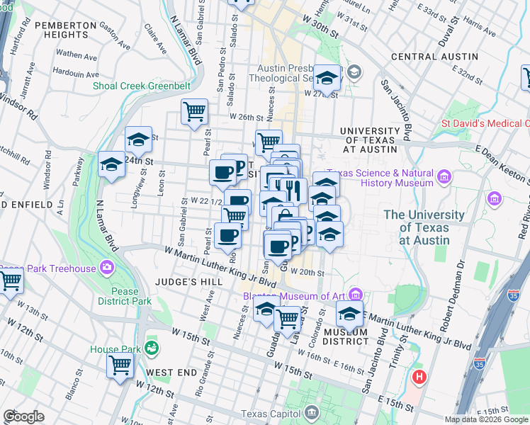 map of restaurants, bars, coffee shops, grocery stores, and more near 2204 San Antonio Street in Austin