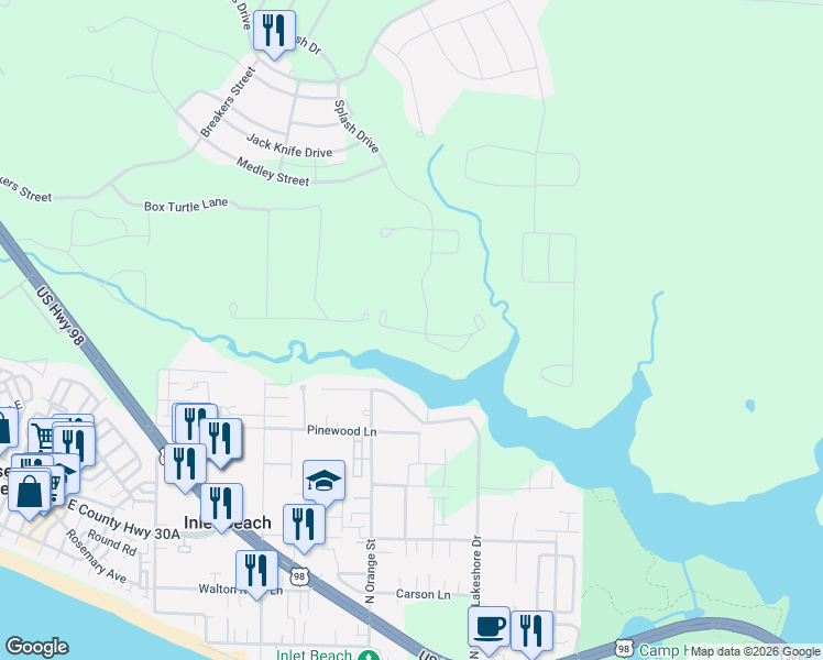 map of restaurants, bars, coffee shops, grocery stores, and more near 814 North Walton Lakeshore Drive in Rosemary Beach