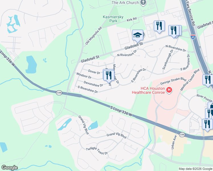map of restaurants, bars, coffee shops, grocery stores, and more near 613 South Rivershire Drive in Conroe