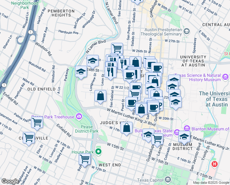 map of restaurants, bars, coffee shops, grocery stores, and more near 912 West 22nd Street in Austin