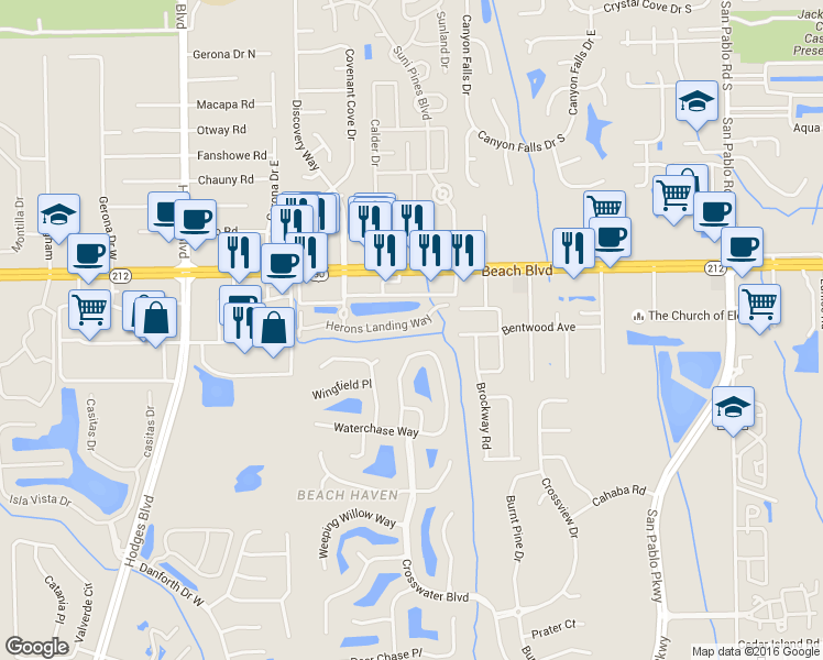 map of restaurants, bars, coffee shops, grocery stores, and more near 3504 Waterchase Way West in Jacksonville