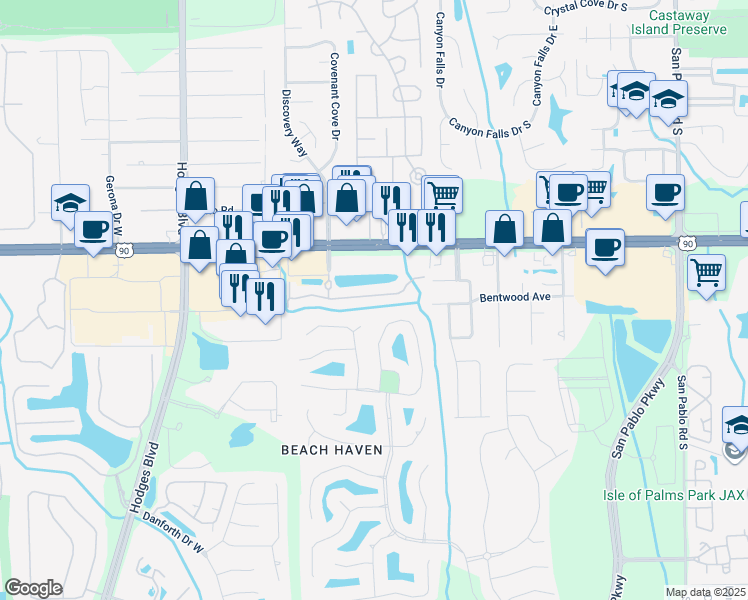 map of restaurants, bars, coffee shops, grocery stores, and more near 13849 Breaksea Court in Jacksonville
