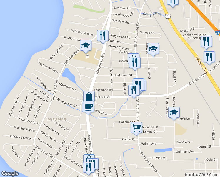 map of restaurants, bars, coffee shops, grocery stores, and more near 1661 Emerson Street in Jacksonville