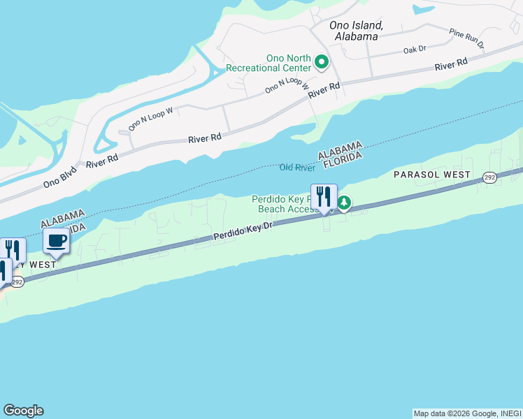 map of restaurants, bars, coffee shops, grocery stores, and more near 16698 Perdido Key Drive in Pensacola