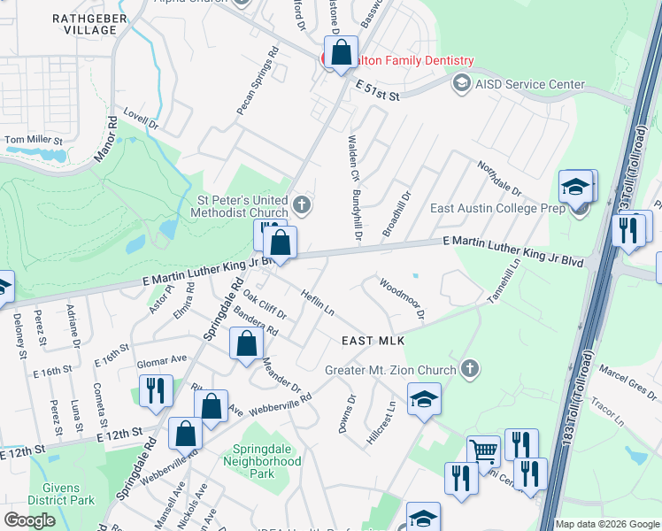 map of restaurants, bars, coffee shops, grocery stores, and more near 4400 Elmsgrove Drive in Austin