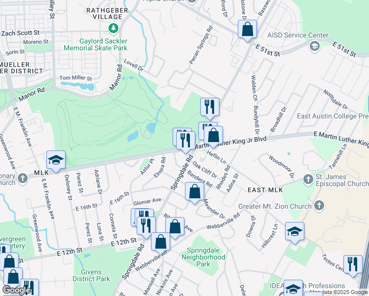 map of restaurants, bars, coffee shops, grocery stores, and more near 1810 Springdale Road in Austin