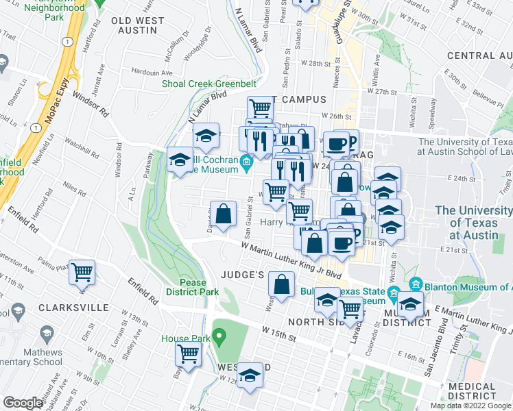 map of restaurants, bars, coffee shops, grocery stores, and more near 908 West 21st Street in Austin