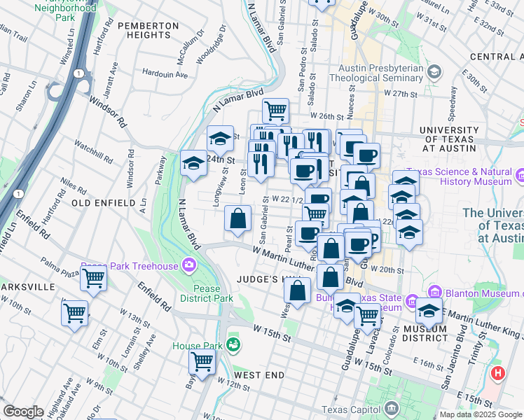 map of restaurants, bars, coffee shops, grocery stores, and more near 1915 Robbins Place in Austin