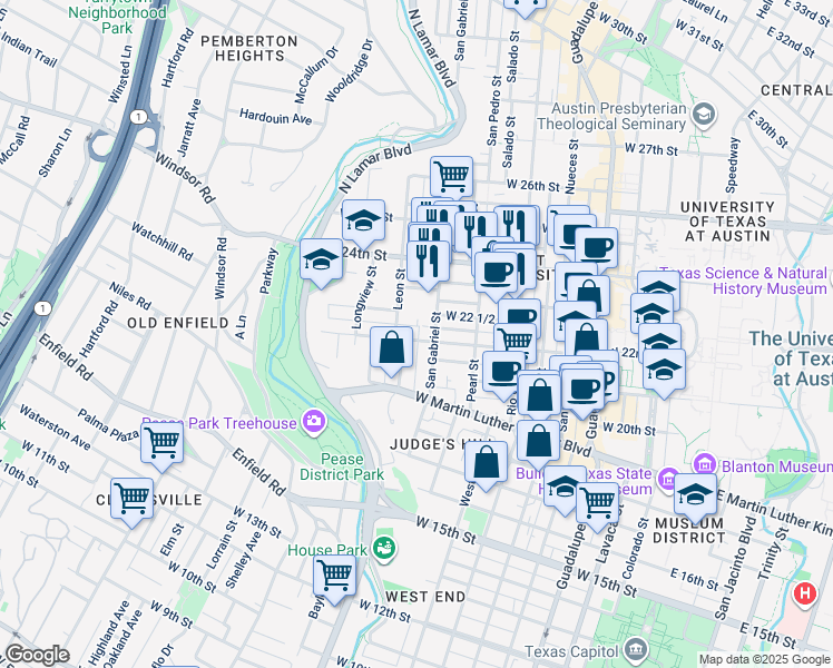map of restaurants, bars, coffee shops, grocery stores, and more near 1915 Robbins Place in Austin