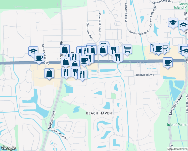 map of restaurants, bars, coffee shops, grocery stores, and more near 13763 Shady Woods Street South in Jacksonville