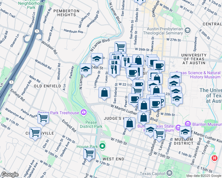 map of restaurants, bars, coffee shops, grocery stores, and more near 1006 1/2 West 22nd Street in Austin