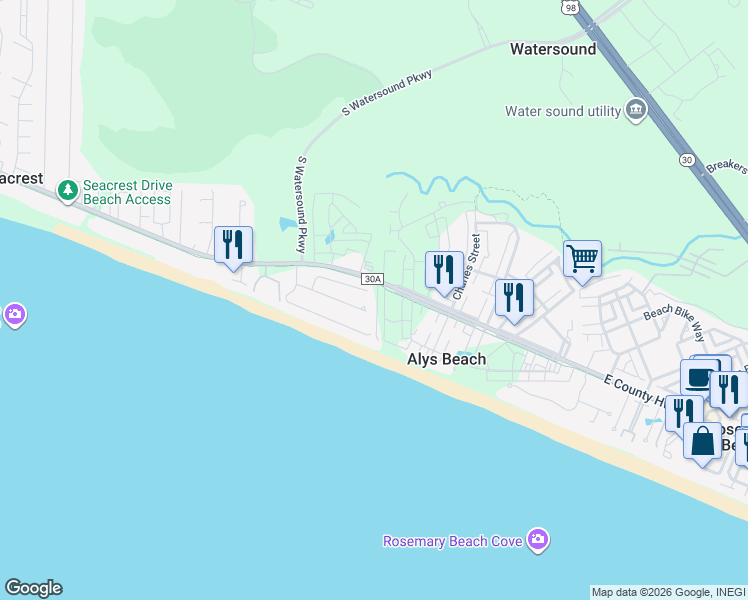 map of restaurants, bars, coffee shops, grocery stores, and more near 321 Sand Cliffs Drive in Seacrest