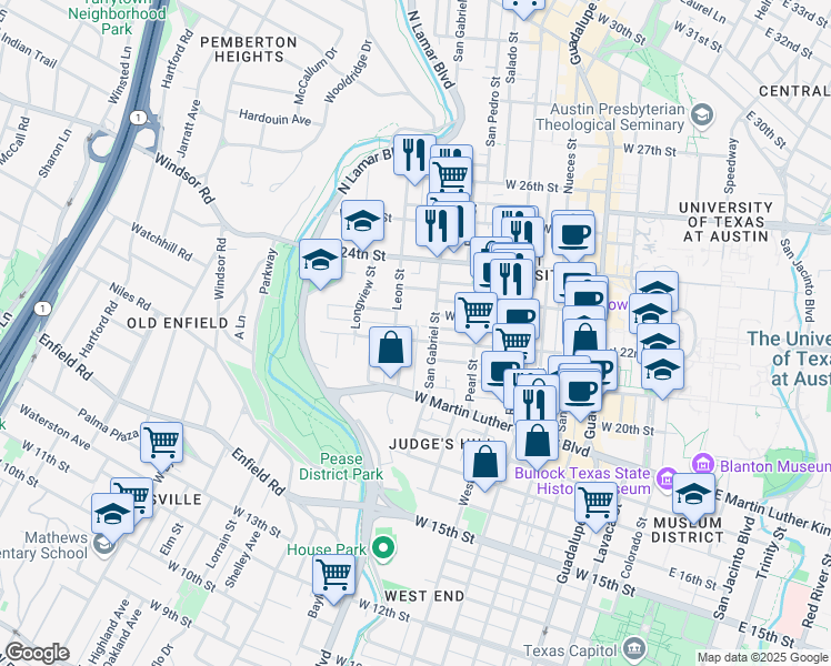 map of restaurants, bars, coffee shops, grocery stores, and more near 1006 1/2 West 22nd Street in Austin