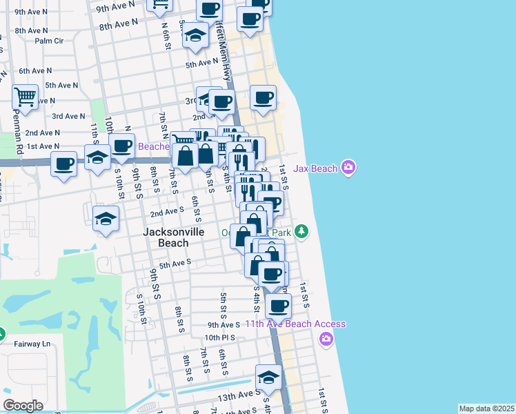 map of restaurants, bars, coffee shops, grocery stores, and more near 277 3rd Street South in Jacksonville Beach