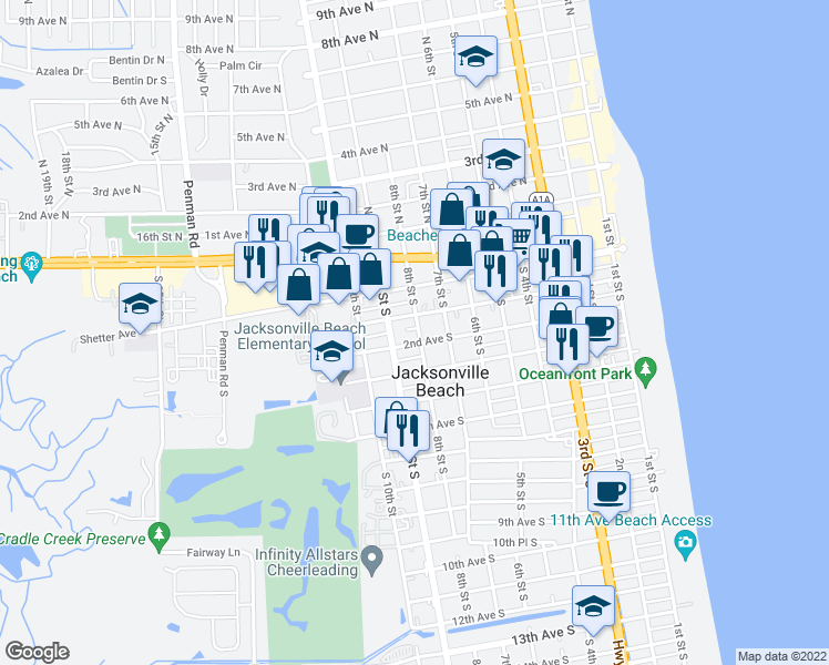 map of restaurants, bars, coffee shops, grocery stores, and more near 122 8th Street South in Jacksonville Beach
