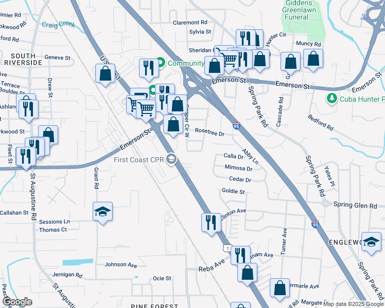 map of restaurants, bars, coffee shops, grocery stores, and more near 3424 Copper Circle South in Jacksonville