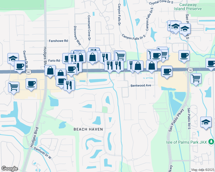 map of restaurants, bars, coffee shops, grocery stores, and more near 13843 Herons Landing Way in Jacksonville