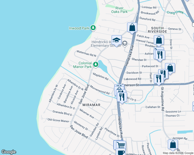 map of restaurants, bars, coffee shops, grocery stores, and more near 1163 Mapleton Road in Jacksonville