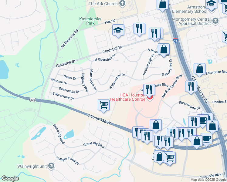 map of restaurants, bars, coffee shops, grocery stores, and more near 3 Nottinghill Court in Conroe